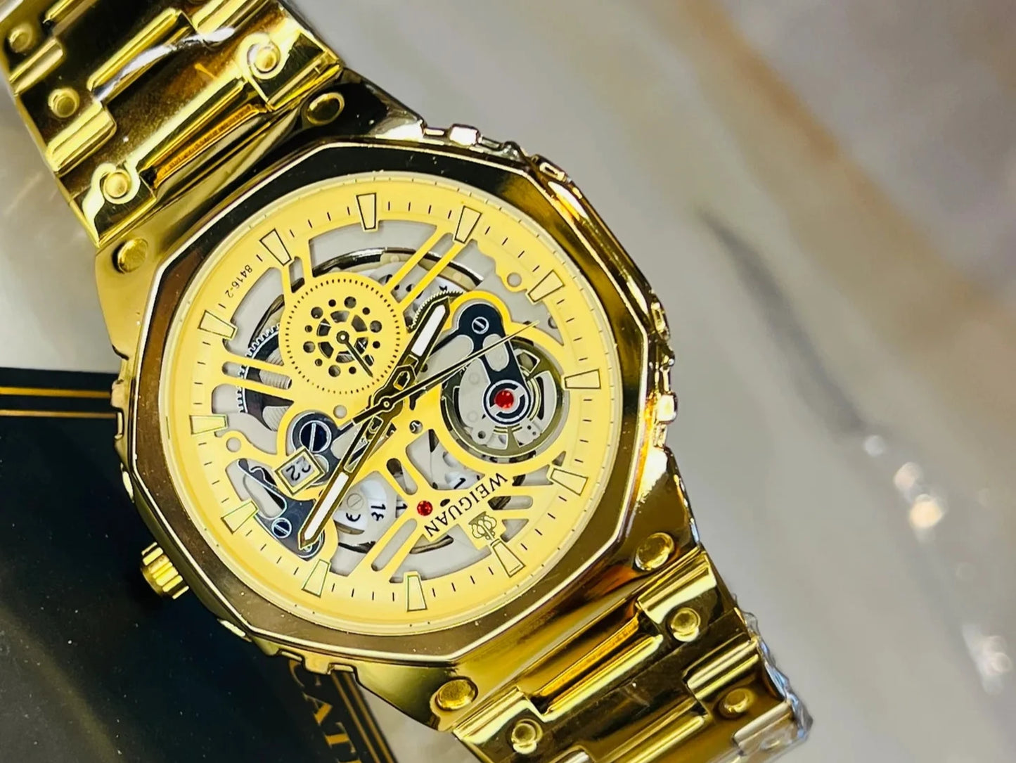 Weiguan Gold Skeleton Dial Watch