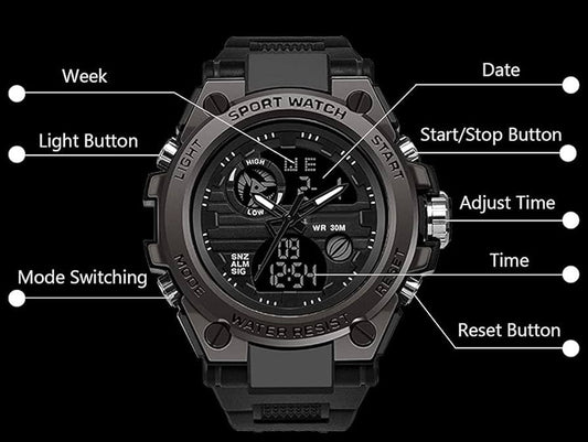 KXAITO men's sports military watch with waterproof design, LED display, alarm, date, and stopwatch features for outdoor activities.