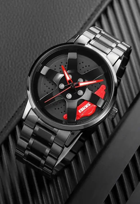 Creative 3D Rim Hub Wheel sports watch with a black stainless steel band and non-movable rim design, ideal for car enthusiasts